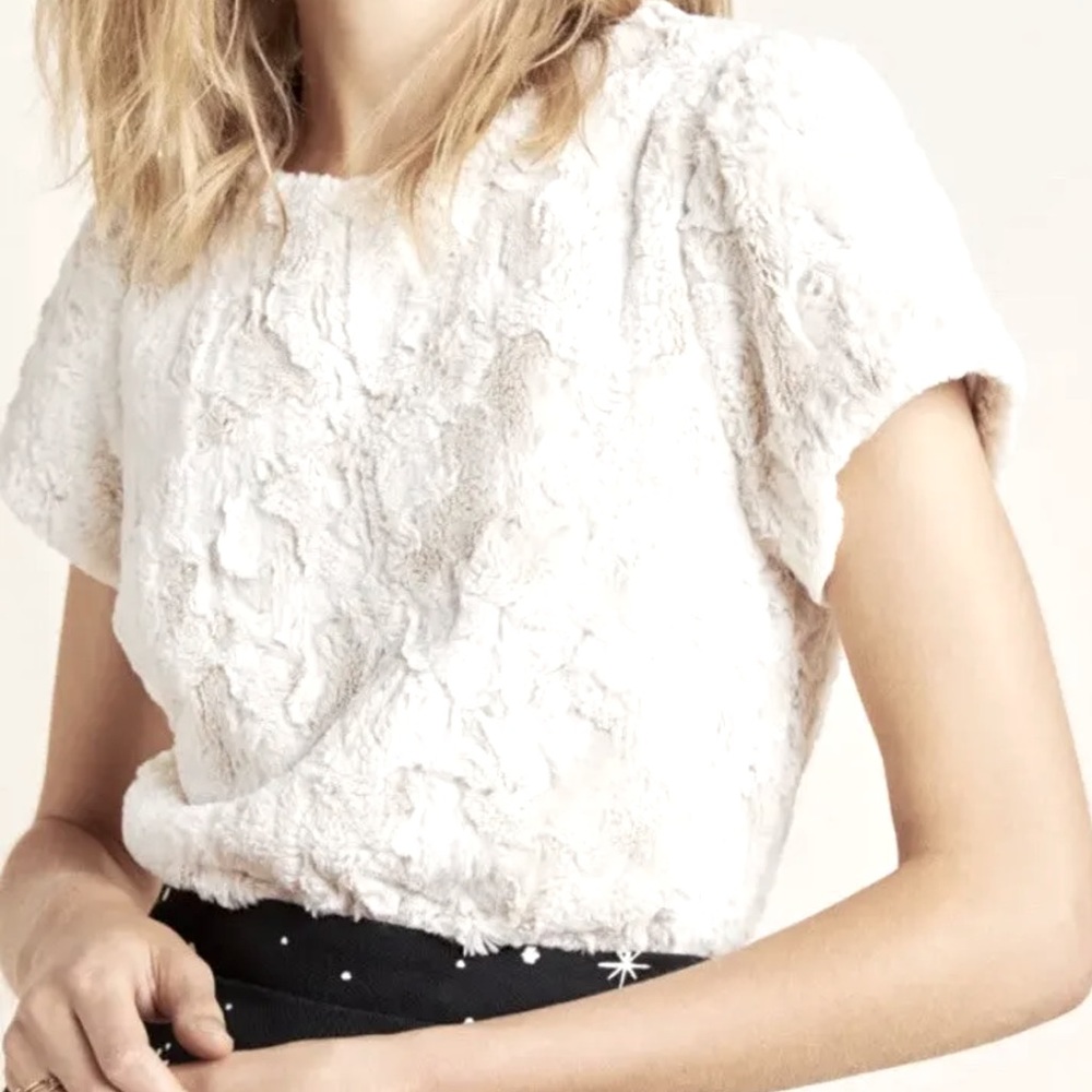 Anthropologie x Leifsdottir | Cream White Lined Faux Fur Top Exposed zip…